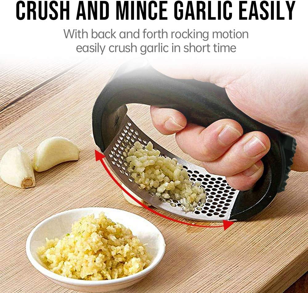 Garlic Press Rocker, Stainless Steel Garlic Mincer Crusher Professional Kitchen Gadgets Garlic Chopper with Ergonomic Handle, Silicone Garlic Peeler