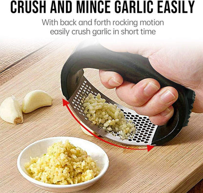 Garlic Press Rocker, Stainless Steel Garlic Mincer Crusher Professional Kitchen Gadgets Garlic Chopper with Ergonomic Handle, Silicone Garlic Peeler