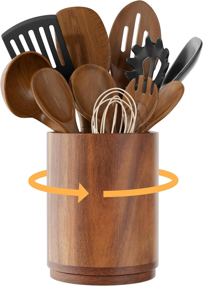 Utensil Holder, 360° Rotating Acacia Wood Kitchen Utensil Holder for Counter, 7.2" Large Cooking Utensil Crock for Countertop, Wooden Utensils Organizer for Cooking Spatula Storage