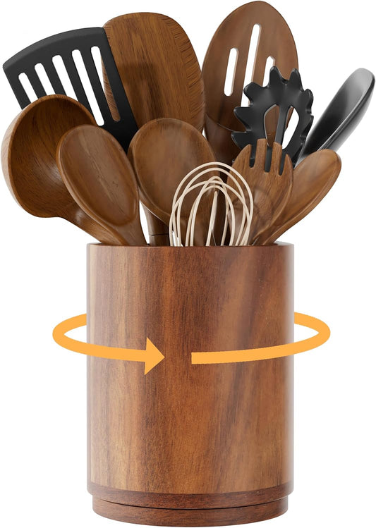 Utensil Holder, 360° Rotating Acacia Wood Kitchen Utensil Holder for Counter, 7.2" Large Cooking Utensil Crock for Countertop, Wooden Utensils Organizer for Cooking Spatula Storage