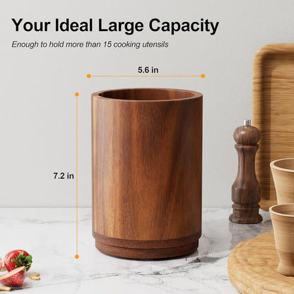 Utensil Holder, 360° Rotating Acacia Wood Kitchen Utensil Holder for Counter, 7.2" Large Cooking Utensil Crock for Countertop, Wooden Utensils Organizer for Cooking Spatula Storage