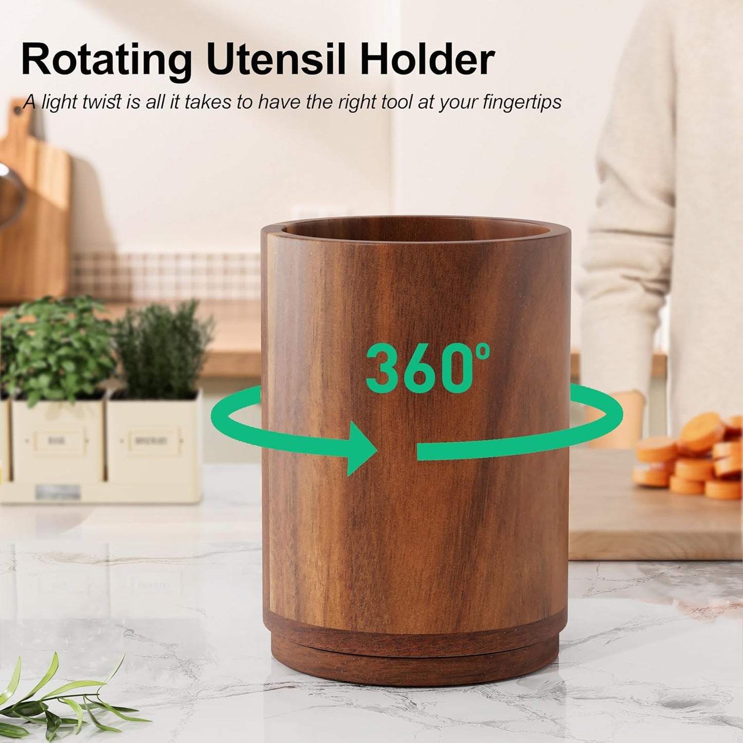 Utensil Holder, 360° Rotating Acacia Wood Kitchen Utensil Holder for Counter, 7.2" Large Cooking Utensil Crock for Countertop, Wooden Utensils Organizer for Cooking Spatula Storage
