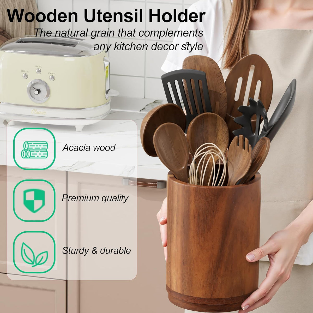 Utensil Holder, 360° Rotating Acacia Wood Kitchen Utensil Holder for Counter, 7.2" Large Cooking Utensil Crock for Countertop, Wooden Utensils Organizer for Cooking Spatula Storage