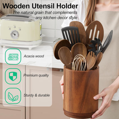 Utensil Holder, 360° Rotating Acacia Wood Kitchen Utensil Holder for Counter, 7.2" Large Cooking Utensil Crock for Countertop, Wooden Utensils Organizer for Cooking Spatula Storage
