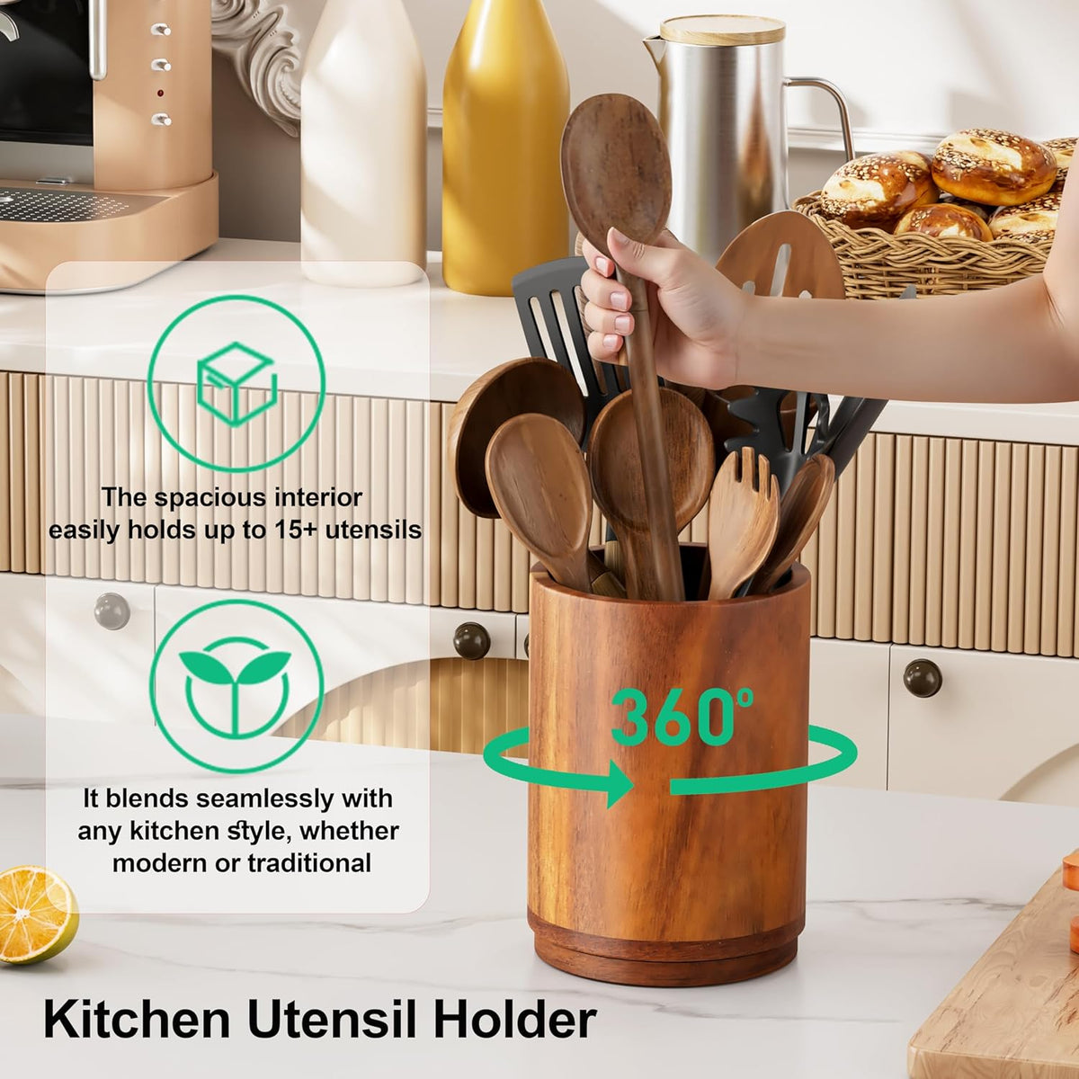 Utensil Holder, 360° Rotating Acacia Wood Kitchen Utensil Holder for Counter, 7.2" Large Cooking Utensil Crock for Countertop, Wooden Utensils Organizer for Cooking Spatula Storage