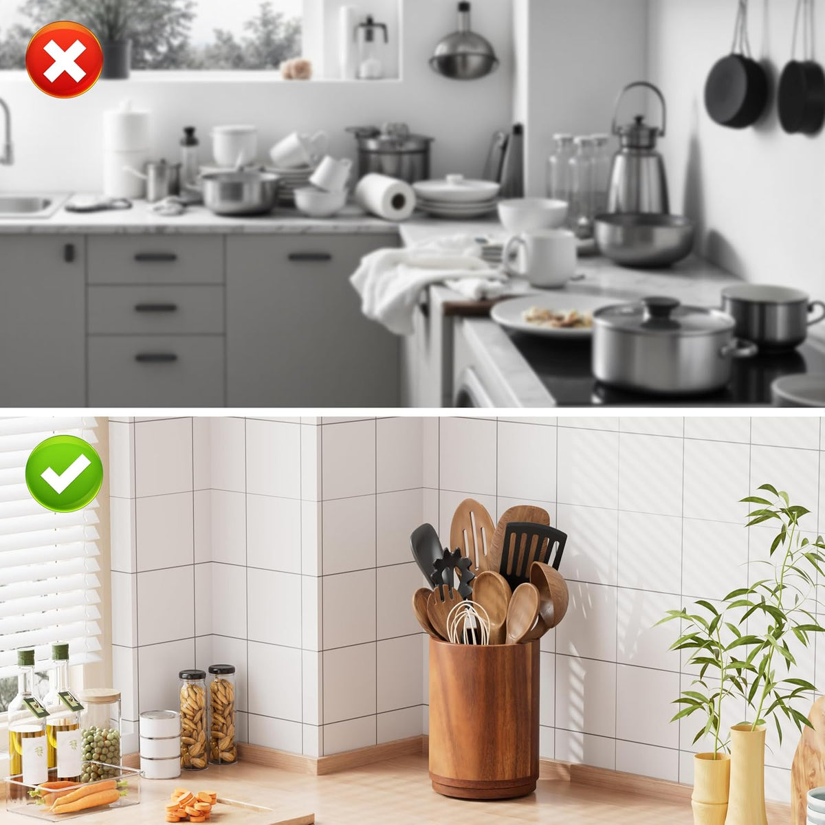 Utensil Holder, 360° Rotating Acacia Wood Kitchen Utensil Holder for Counter, 7.2" Large Cooking Utensil Crock for Countertop, Wooden Utensils Organizer for Cooking Spatula Storage