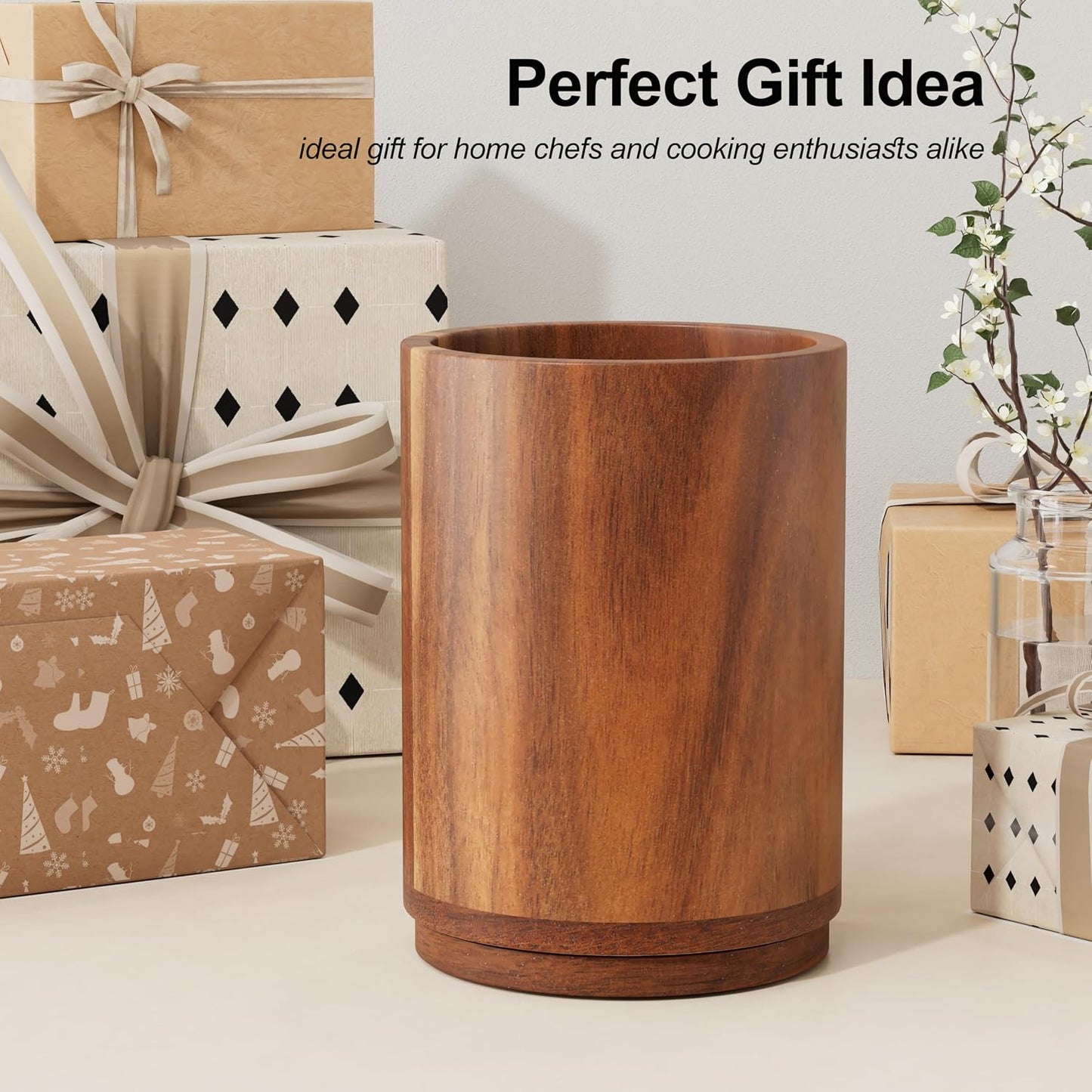 Utensil Holder, 360° Rotating Acacia Wood Kitchen Utensil Holder for Counter, 7.2" Large Cooking Utensil Crock for Countertop, Wooden Utensils Organizer for Cooking Spatula Storage