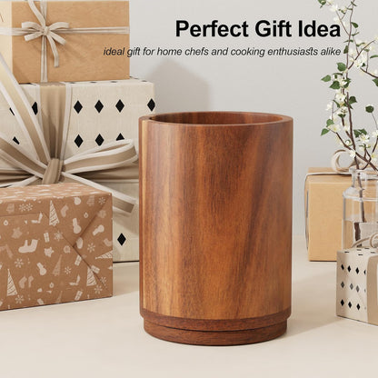Utensil Holder, 360° Rotating Acacia Wood Kitchen Utensil Holder for Counter, 7.2" Large Cooking Utensil Crock for Countertop, Wooden Utensils Organizer for Cooking Spatula Storage