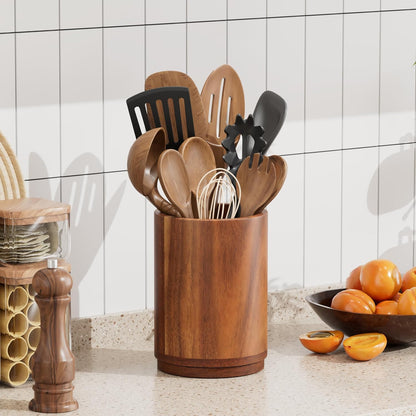 Utensil Holder, 360° Rotating Acacia Wood Kitchen Utensil Holder for Counter, 7.2" Large Cooking Utensil Crock for Countertop, Wooden Utensils Organizer for Cooking Spatula Storage