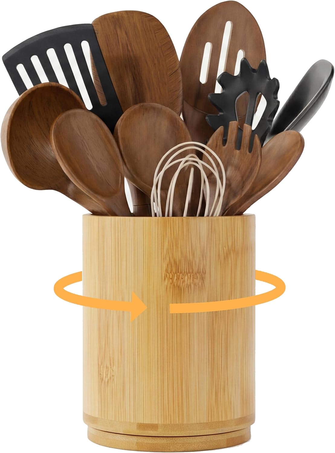 Utensil Holder, 360° Rotating Acacia Wood Kitchen Utensil Holder for Counter, 7.2" Large Cooking Utensil Crock for Countertop, Wooden Utensils Organizer for Cooking Spatula Storage