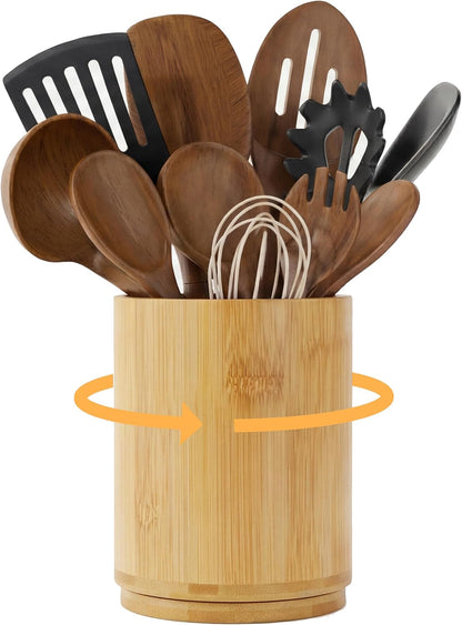 Utensil Holder, 360° Rotating Acacia Wood Kitchen Utensil Holder for Counter, 7.2" Large Cooking Utensil Crock for Countertop, Wooden Utensils Organizer for Cooking Spatula Storage