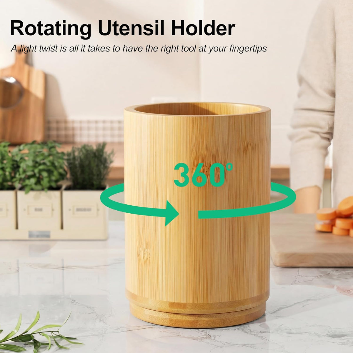 Utensil Holder, 360° Rotating Acacia Wood Kitchen Utensil Holder for Counter, 7.2" Large Cooking Utensil Crock for Countertop, Wooden Utensils Organizer for Cooking Spatula Storage