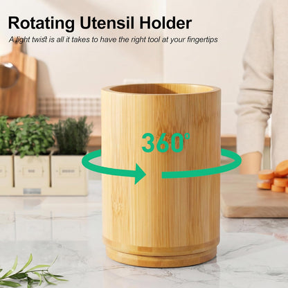 Utensil Holder, 360° Rotating Acacia Wood Kitchen Utensil Holder for Counter, 7.2" Large Cooking Utensil Crock for Countertop, Wooden Utensils Organizer for Cooking Spatula Storage