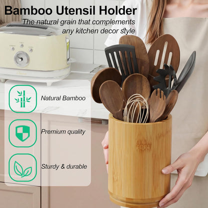 Utensil Holder, 360° Rotating Acacia Wood Kitchen Utensil Holder for Counter, 7.2" Large Cooking Utensil Crock for Countertop, Wooden Utensils Organizer for Cooking Spatula Storage