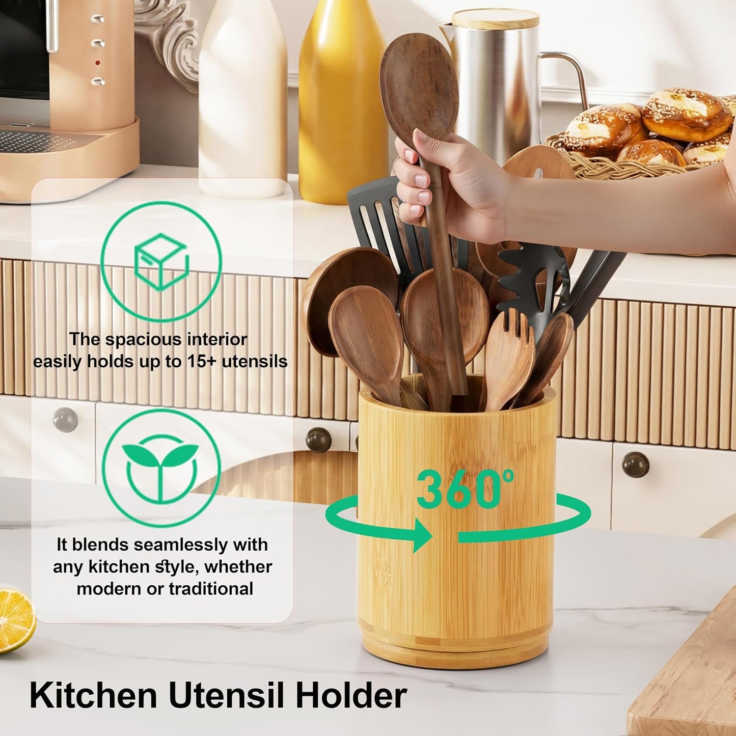 Utensil Holder, 360° Rotating Acacia Wood Kitchen Utensil Holder for Counter, 7.2" Large Cooking Utensil Crock for Countertop, Wooden Utensils Organizer for Cooking Spatula Storage