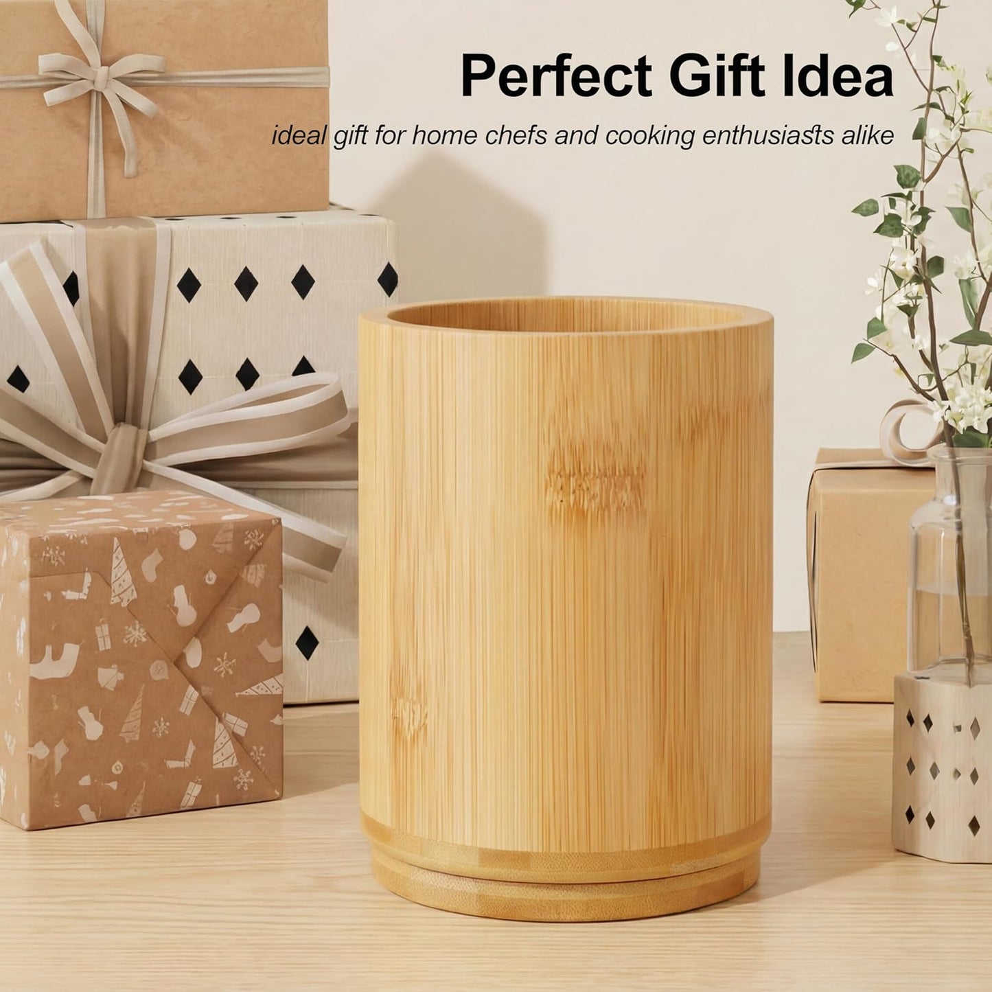 Utensil Holder, 360° Rotating Acacia Wood Kitchen Utensil Holder for Counter, 7.2" Large Cooking Utensil Crock for Countertop, Wooden Utensils Organizer for Cooking Spatula Storage