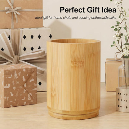 Utensil Holder, 360° Rotating Acacia Wood Kitchen Utensil Holder for Counter, 7.2" Large Cooking Utensil Crock for Countertop, Wooden Utensils Organizer for Cooking Spatula Storage
