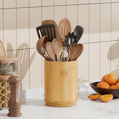 Utensil Holder, 360° Rotating Acacia Wood Kitchen Utensil Holder for Counter, 7.2" Large Cooking Utensil Crock for Countertop, Wooden Utensils Organizer for Cooking Spatula Storage