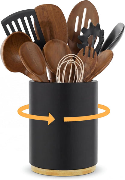 Utensil Holder, 360° Rotating Acacia Wood Kitchen Utensil Holder for Counter, 7.2" Large Cooking Utensil Crock for Countertop, Wooden Utensils Organizer for Cooking Spatula Storage