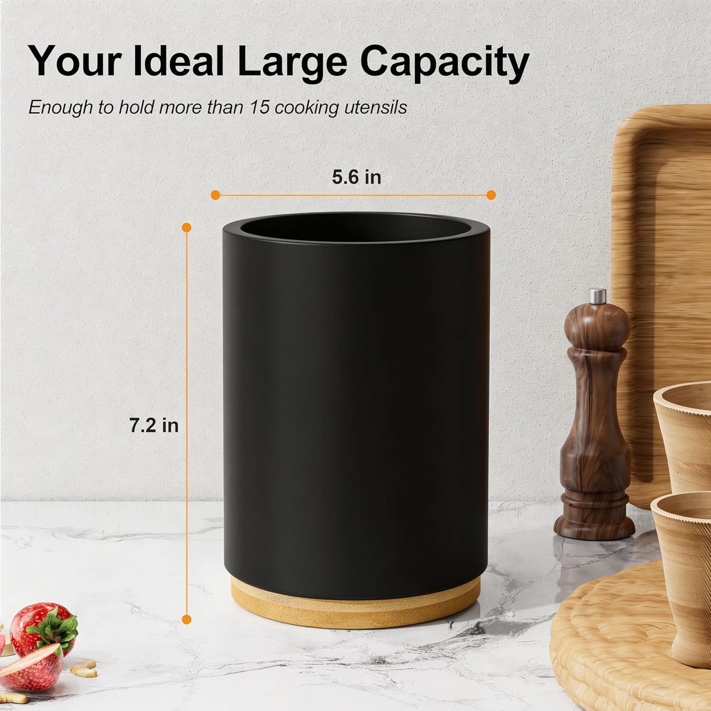 Utensil Holder, 360° Rotating Acacia Wood Kitchen Utensil Holder for Counter, 7.2" Large Cooking Utensil Crock for Countertop, Wooden Utensils Organizer for Cooking Spatula Storage
