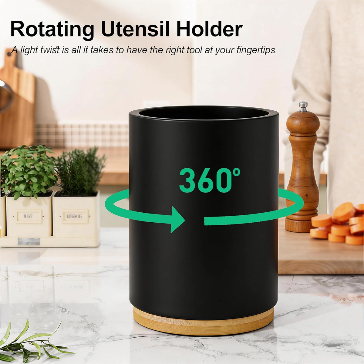 Utensil Holder, 360° Rotating Acacia Wood Kitchen Utensil Holder for Counter, 7.2" Large Cooking Utensil Crock for Countertop, Wooden Utensils Organizer for Cooking Spatula Storage
