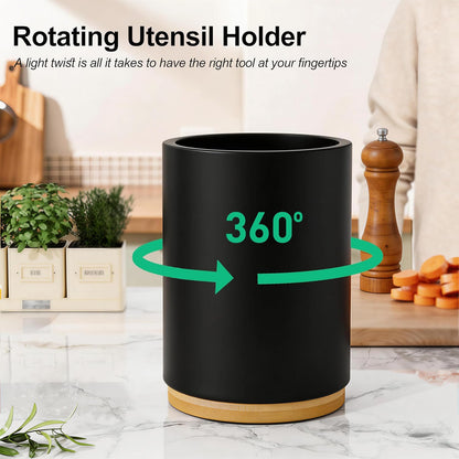 Utensil Holder, 360° Rotating Acacia Wood Kitchen Utensil Holder for Counter, 7.2" Large Cooking Utensil Crock for Countertop, Wooden Utensils Organizer for Cooking Spatula Storage