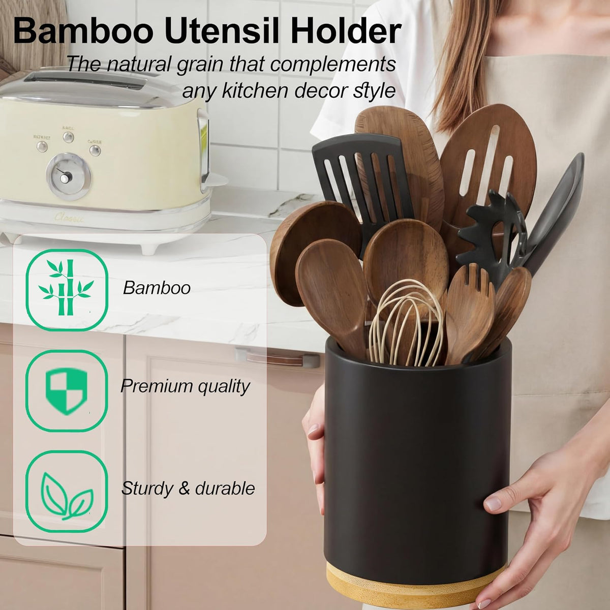 Utensil Holder, 360° Rotating Acacia Wood Kitchen Utensil Holder for Counter, 7.2" Large Cooking Utensil Crock for Countertop, Wooden Utensils Organizer for Cooking Spatula Storage