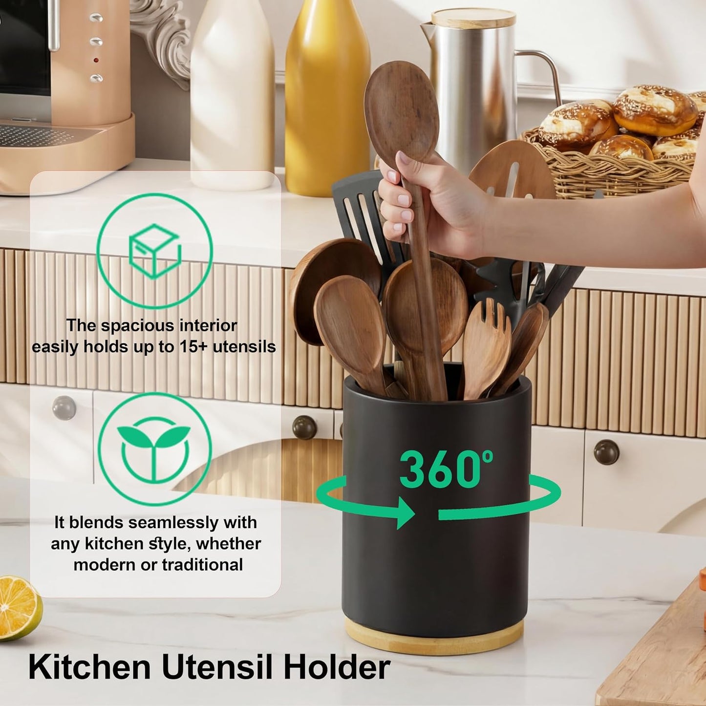 Utensil Holder, 360° Rotating Acacia Wood Kitchen Utensil Holder for Counter, 7.2" Large Cooking Utensil Crock for Countertop, Wooden Utensils Organizer for Cooking Spatula Storage