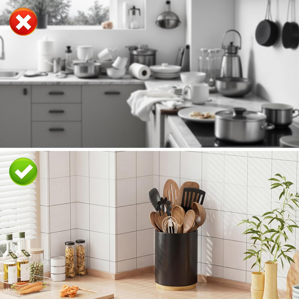 Utensil Holder, 360° Rotating Acacia Wood Kitchen Utensil Holder for Counter, 7.2" Large Cooking Utensil Crock for Countertop, Wooden Utensils Organizer for Cooking Spatula Storage