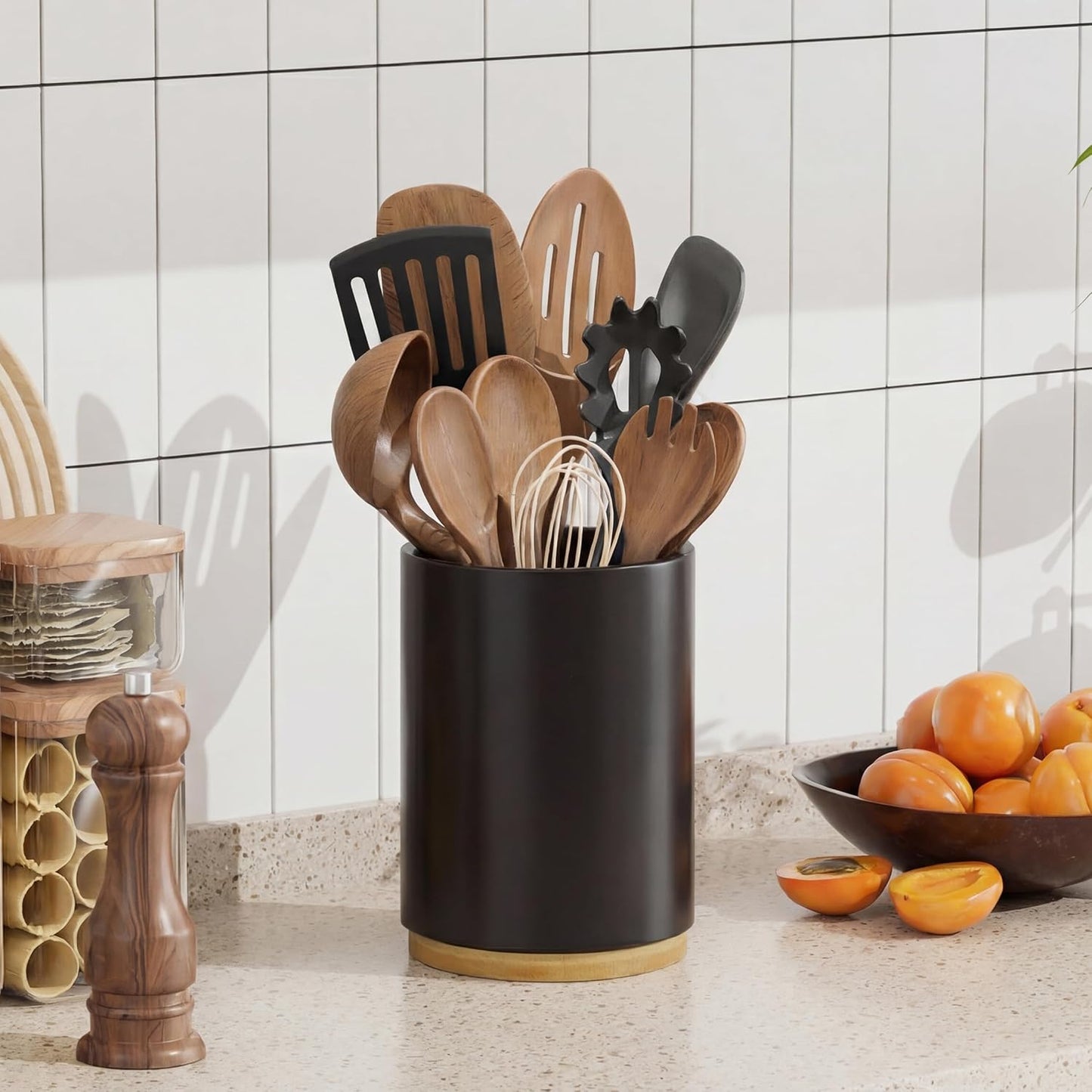 Utensil Holder, 360° Rotating Acacia Wood Kitchen Utensil Holder for Counter, 7.2" Large Cooking Utensil Crock for Countertop, Wooden Utensils Organizer for Cooking Spatula Storage