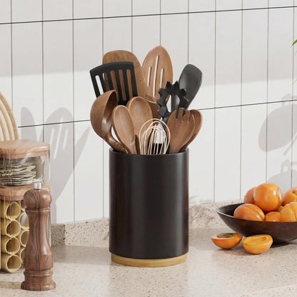 Utensil Holder, 360° Rotating Acacia Wood Kitchen Utensil Holder for Counter, 7.2" Large Cooking Utensil Crock for Countertop, Wooden Utensils Organizer for Cooking Spatula Storage