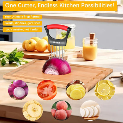 2PCS Onion Slicer, Vegetable Holder for Slicing, Slice Cutter Chopper Guide | Stainless Steel Onion Holders, Safe Anti-Cut, Uniform Kitchen Tool for Tomato, Avocado, Potato, Egg, Lemon, Meat Tenderizer.