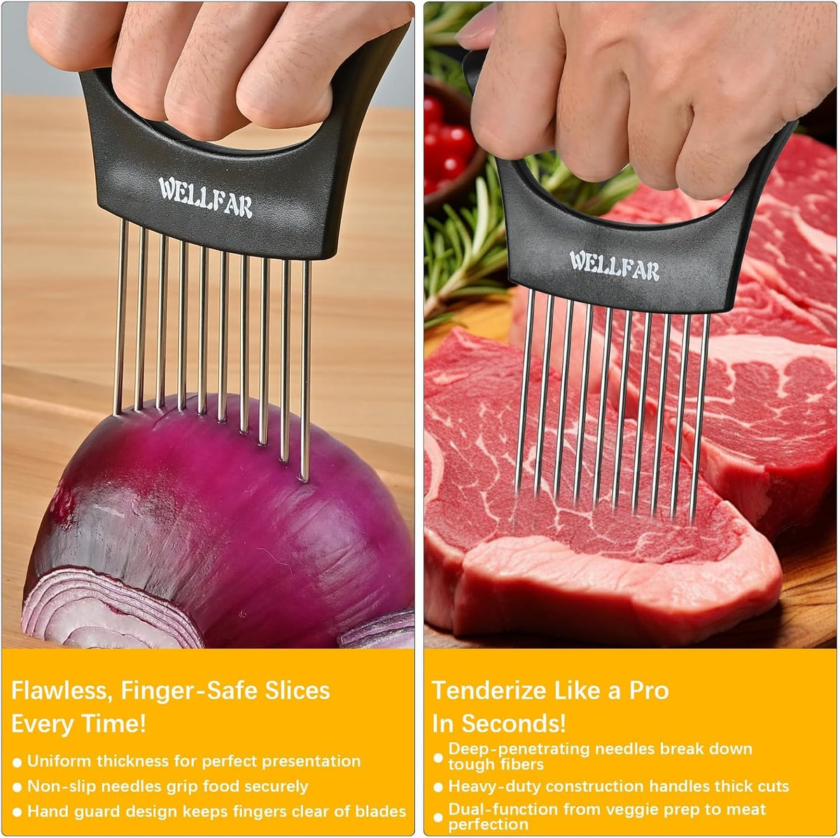 2PCS Onion Slicer, Vegetable Holder for Slicing, Slice Cutter Chopper Guide | Stainless Steel Onion Holders, Safe Anti-Cut, Uniform Kitchen Tool for Tomato, Avocado, Potato, Egg, Lemon, Meat Tenderizer.
