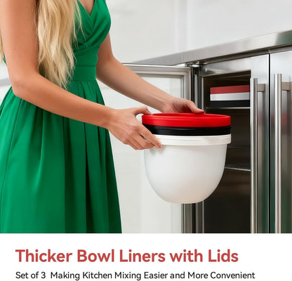 Silicone Liners Compatible with KitchenAid 5 Qt Tilt-Head Stand Mixer (Only), Odourless, Thicker, Cold/Heat-Resistant & Non-Stick, Easy Clean, Fits 5 Quart Mixing Bowl, Set of 3 with Lids