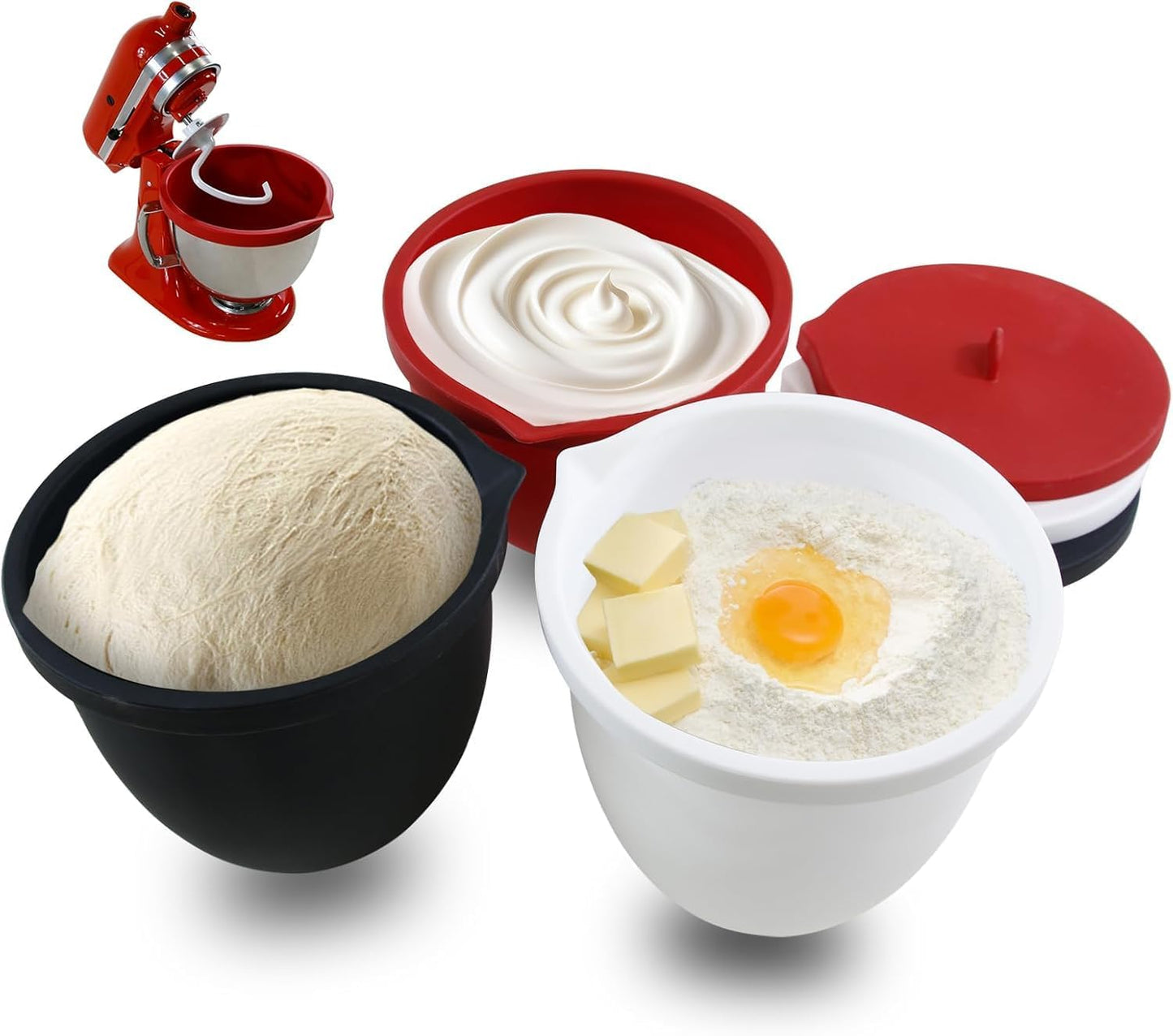 Silicone Liners Compatible with KitchenAid 5 Qt Tilt-Head Stand Mixer (Only), Odourless, Thicker, Cold/Heat-Resistant & Non-Stick, Easy Clean, Fits 5 Quart Mixing Bowl, Set of 3 with Lids