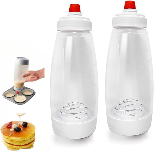 2 Pack Batter Mixer and Dispenser with Whisk Ball, 33oz Silicone Squeeze Pancake Batter Dispenser and Mixer, Stand Base and Leak-proof Sealing Ring for Pancakes Crepes Waffle Muffins Cupcakes