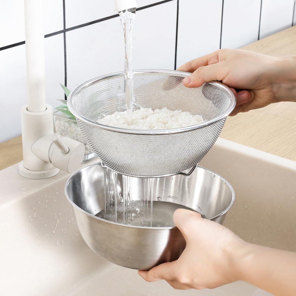 1PC Stainless Steel Rice Washing Sieve Strainer 7inch Kitchen Mesh Net Strainer Basket Drainer Washing Bowl Sieve Sifters for Vegetable Fruits Rice Washing