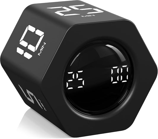 Rotating Pomodoro Timer 5, 25, 10 30,60 Mins Preset Stopwatch, Desk Flip ProductivityTimer, ADHD Tool Hexagon, Vibration/Mute/Alarm, for Work, Study, Back to School, Kitchen, Black