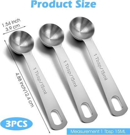 1 Tablespoon Measuring Spoon, 3PCS Stainless Steel Single Measuring Spoon, 3 Tsp/1 Tbsp Marked, Durable Rust Resistant Metal for Cooking Baking Coffee Sugar (Silver, 15 Ml)