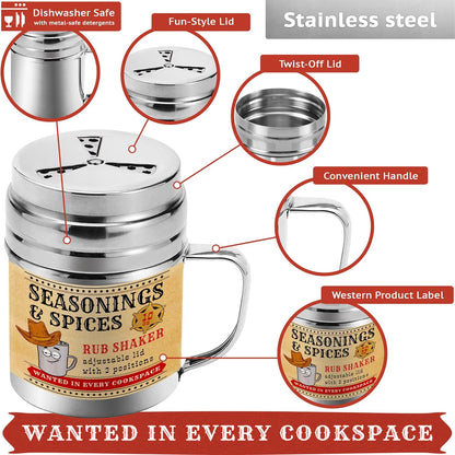 CUSINIUM [Pack of 2] 10 oz Seasonings Spice Shakers - BBQ Dry Rub Shakers - Cooking Dredge with Adjustable Fan-Style Lid and Handles