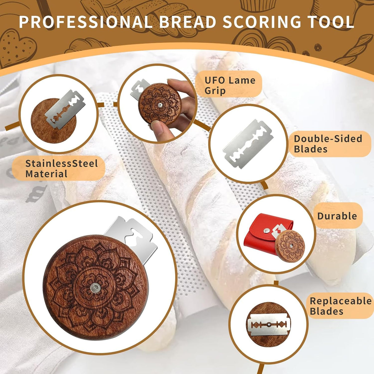 UFO Bread Lame, Wooden Sourdough Scoring Tool with 5 Blades