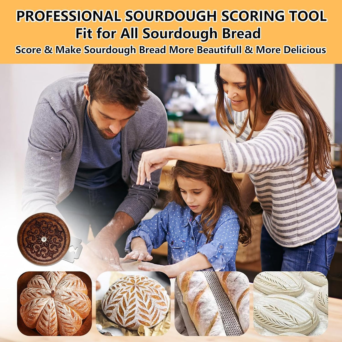 UFO Bread Lame, Wooden Sourdough Scoring Tool with 5 Blades