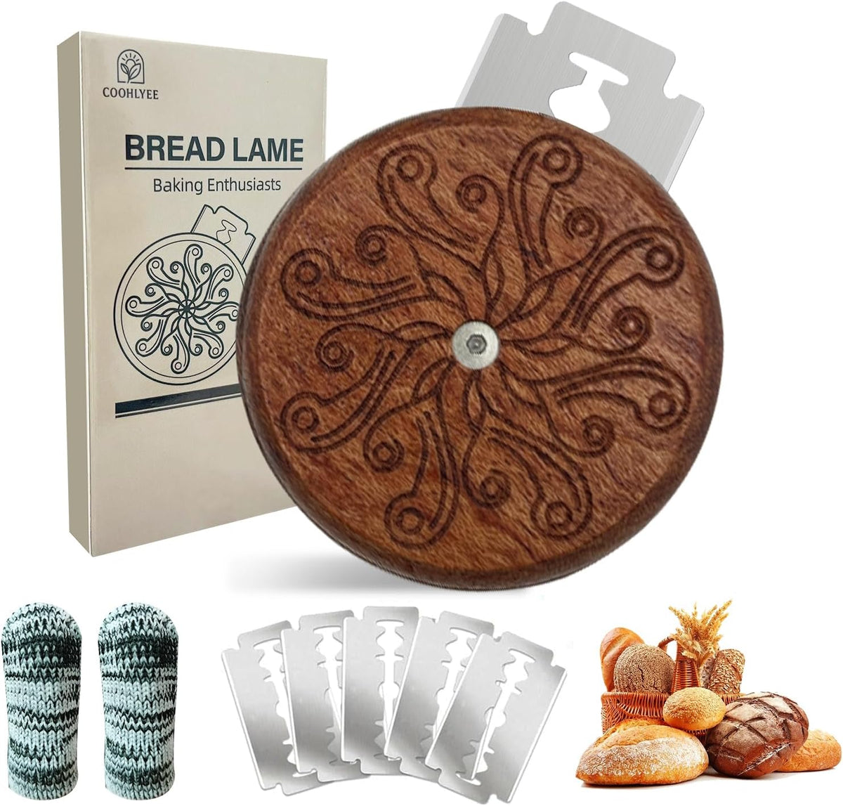 UFO Bread Lame, Wooden Sourdough Scoring Tool with 5 Blades