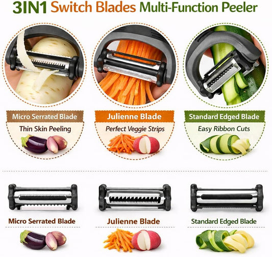 Peel 3X Faster Vegetable Peeler Set (3-Piece) – Ultra-Sharp Stainless Steel Y Peeler, Julienne & Swivel Peeler – Non-Slip Ergonomic Handle for Potatoes, Carrots, Apples