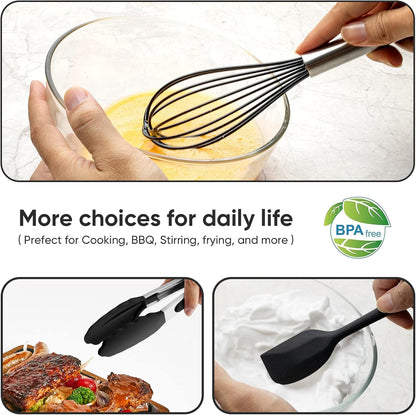Silicone Tongs for Cooking Set of 3, 11"Kitchen Tongs with Silicone Tips- 600°F Heat Resistant,10"Whisk for Non-stick Cookware Plus 8.5"Spatula,Cooking Set|Dishwasher Safe