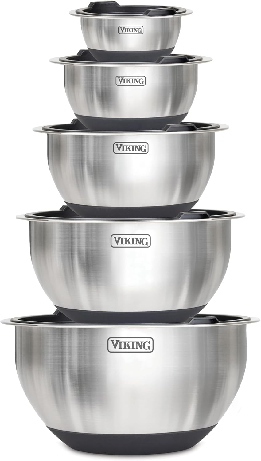 Mixing Bowls Set, 10 Piece Stainless Steel Kitchen Cookware, Non-Slip Silicone Base, Includes Tight Fit Lids, Dishwasher Safe, Black