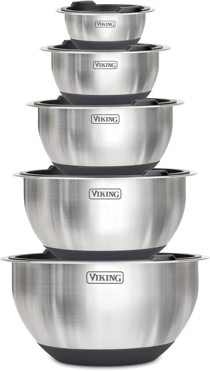 Mixing Bowls Set, 10 Piece Stainless Steel Kitchen Cookware, Non-Slip Silicone Base, Includes Tight Fit Lids, Dishwasher Safe, Black