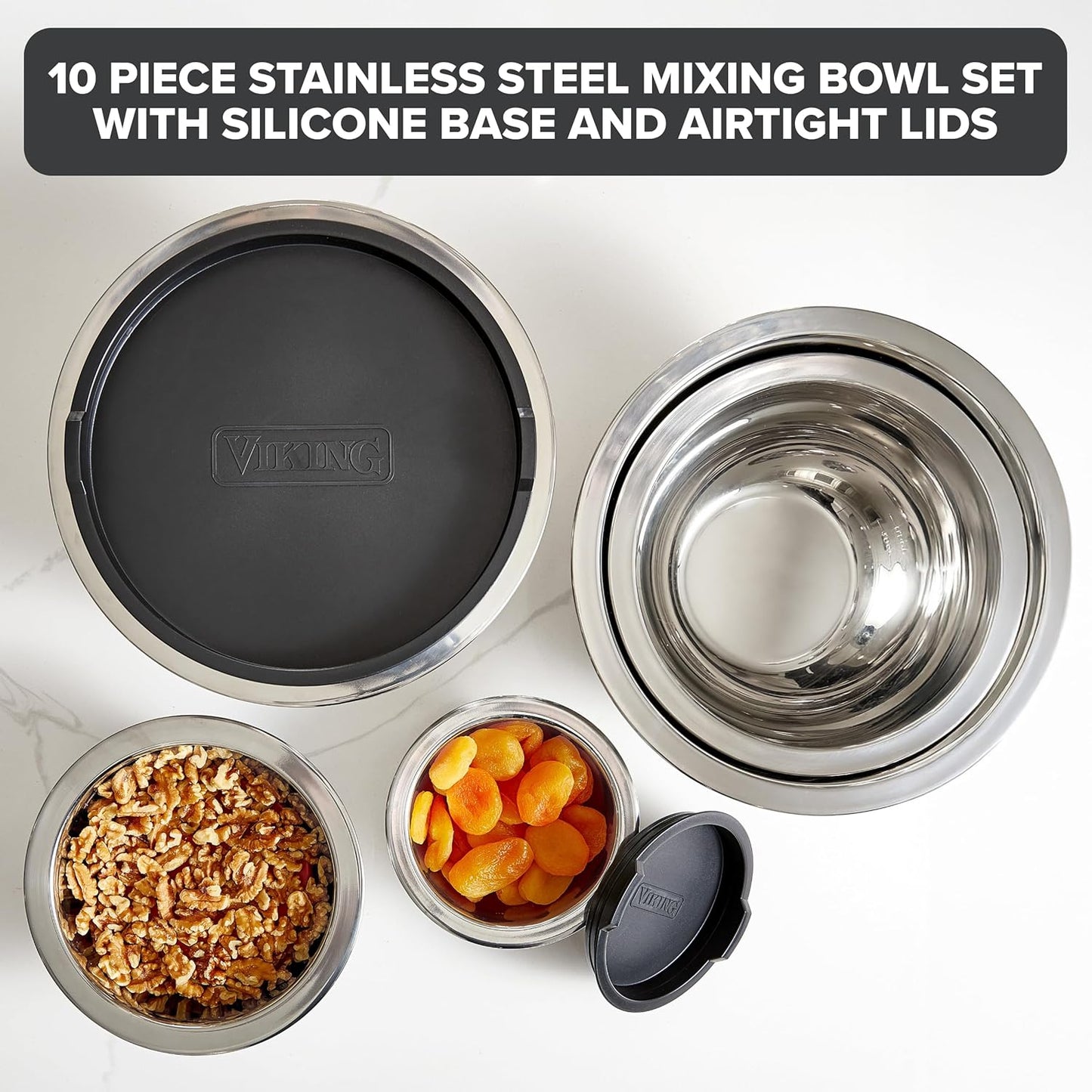 Mixing Bowls Set, 10 Piece Stainless Steel Kitchen Cookware, Non-Slip Silicone Base, Includes Tight Fit Lids, Dishwasher Safe, Black