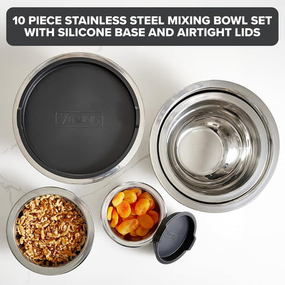 Mixing Bowls Set, 10 Piece Stainless Steel Kitchen Cookware, Non-Slip Silicone Base, Includes Tight Fit Lids, Dishwasher Safe, Black