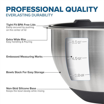 Mixing Bowls Set, 10 Piece Stainless Steel Kitchen Cookware, Non-Slip Silicone Base, Includes Tight Fit Lids, Dishwasher Safe, Black
